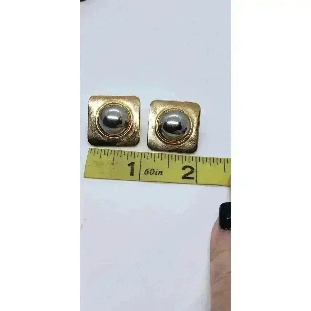 Vintage Clip Earrings Big Gold Square with Silver Cabochon Center REtro 50s Era - Picture 4 of 6